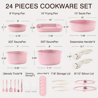 Detachable-Handle Cookware Set in 5-, 7- or 24-Piece Configurations with Stackable Pots, Pans and Lids