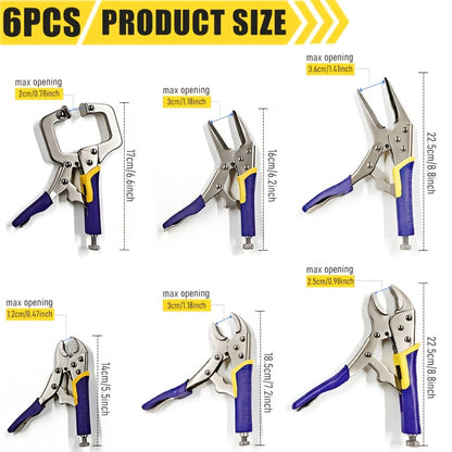 Locking Pliers Set 6pcs Heavy Duty, Includes Needle Nose Pliers 6.5" & 9.5", Curved Jaw Locking Pliers 5" 7" 10", C-Clamp L-Type Pliers with Roll Bag & Ergonomic Metal Handles for Auto, DIY & Workshop