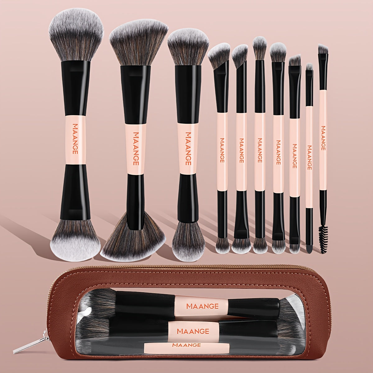 Double-Ended Makeup Brush Set 10PCS with Cosmetic Bag – Soft Nylon Bristles Dual-Ended Blush Eyeshadow Face Brushes Professional Kit for Beginners & Pros Women