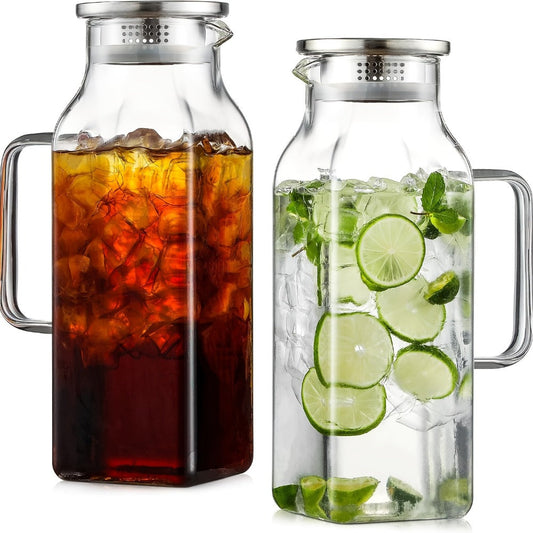 Glass Pitcher with Lid & Handle 2L 68oz – Square Borosilicate Water Jug, Heat Resistant Carafe for Fridge, Iced Tea, Coffee & Cold Drinks – 2 or 4 Pack with Optional 16oz Cups
