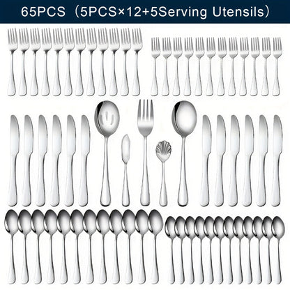 20-, 24-, 30- or 65-Piece Flatware Set in Silver or Black with Option-Specific Serving Utensils