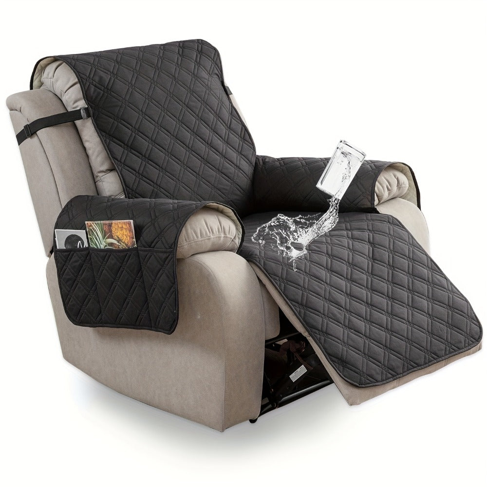 Quilted One-Piece Recliner Chair Cover with Side Pockets, Back Buckle Strap and 11 Color Options