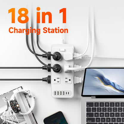 Power Strip Flat Plug 18-in-1 Surge Protector with 12 AC Outlets, 4 USB-A, 2 USB-C and 5- or 10-Foot Cord
