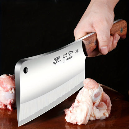 Extra-Thick 22 cm Blade Meat Cleaver with Hanging Hole, Broad Chopping Profile and Wood-Tone Handle