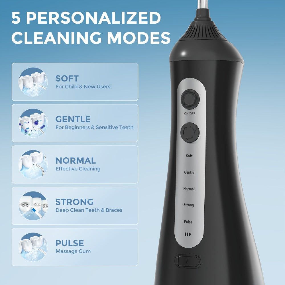 Water Flosser Cordless Five-Mode Design with Five Jet Tips, 1800mAh Battery and Pink or Black Options