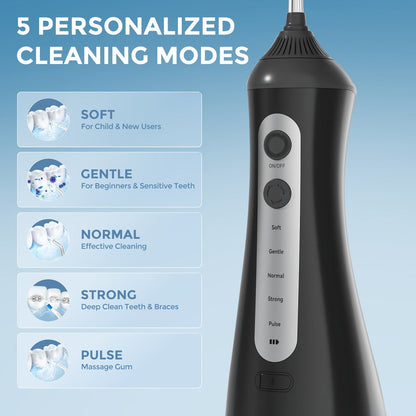 Water Flosser Cordless Five-Mode Design with Five Jet Tips, 1800mAh Battery and Pink or Black Options