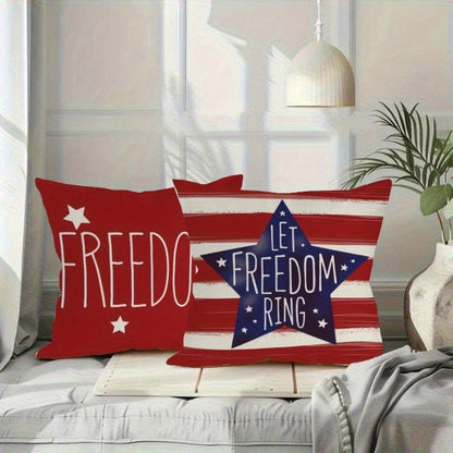 Four-Piece Patriotic Pillow Cover Set with Stars and Stripes Prints in Red, White and Blue