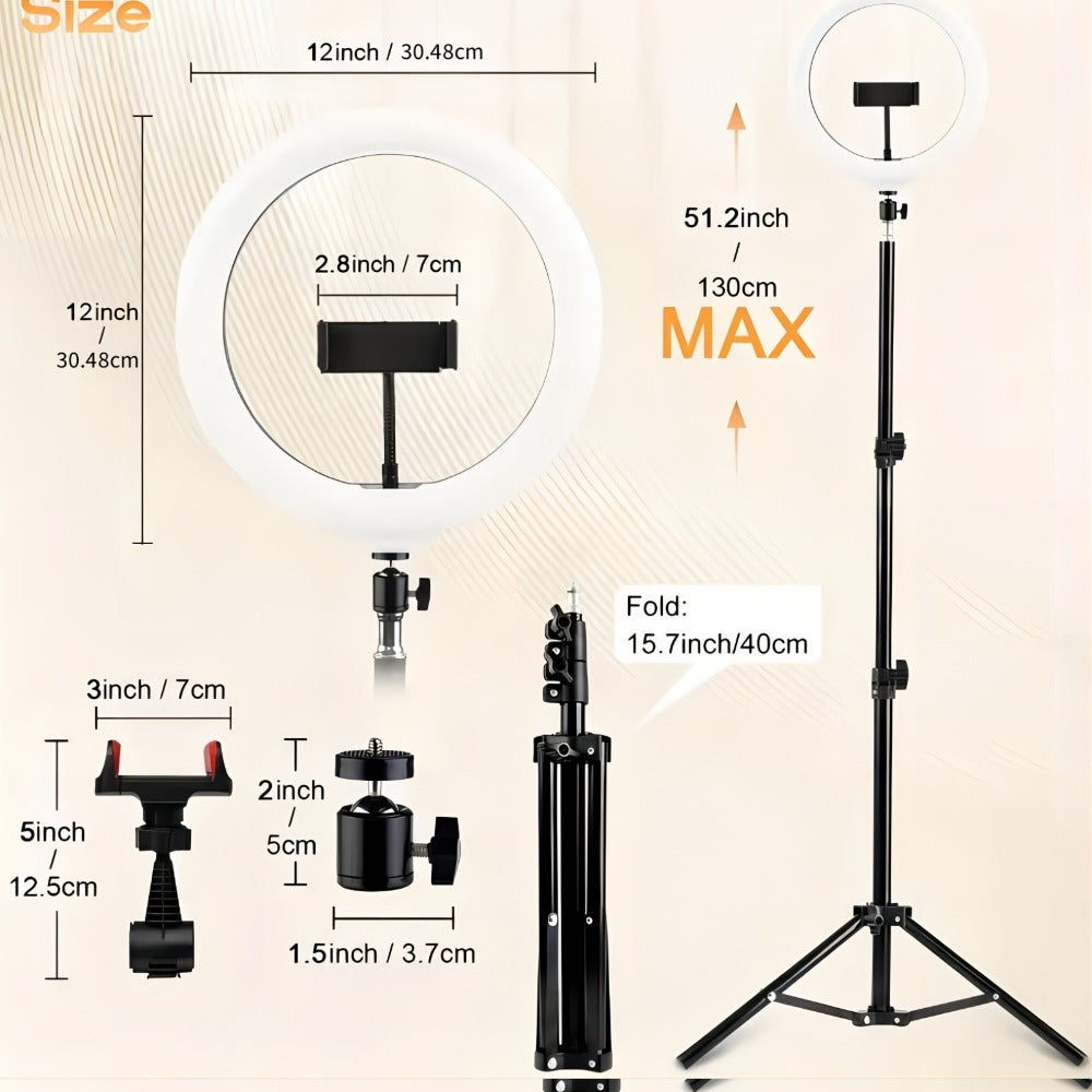LED Ring Light 10/12 Inch with Tripod Stand & Phone Holder – 3 Color Modes, 12 Brightness Levels, USB Powered Selfie Light for Makeup, Photography, Video & Streaming