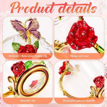 Four-Piece Floral Glass Tea Mug Set with Butterfly Lids, Rose Handles, Spoons and 12-Ounce Option