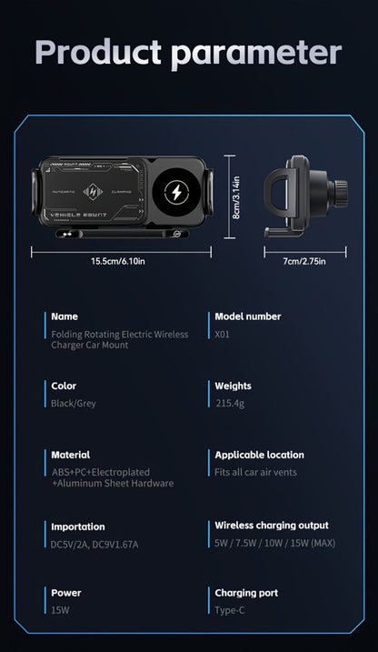 Car Wireless Charger Mount for Samsung Galaxy Z Fold 15W Auto-Clamping Fast Charging Holder – 360° Rotating Ball Joint, Air Vent & Center Console Mount, Super Capacitor Power-Off Delay | All Qi Phones