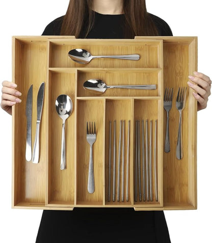 Expandable Bamboo Drawer Organizer with Nine Compartments for Flatware, Utensils and Desk Supplies
