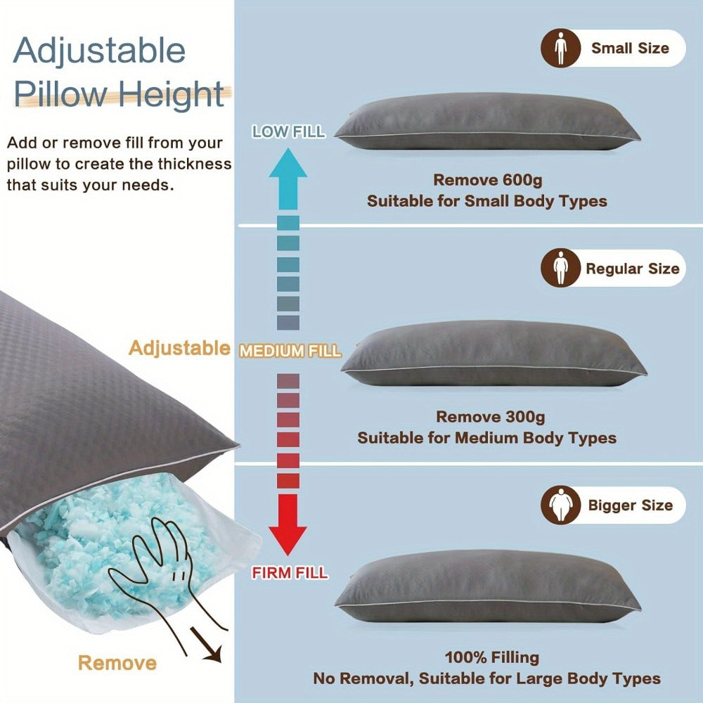 Adjustable Shredded Foam Body Pillow, 20 x 54 Inches, Split-Color Cover in White or Grey for Adult Beds