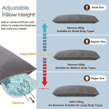 Adjustable Shredded Foam Body Pillow, 20 x 54 Inches, Split-Color Cover in White or Grey for Adult Beds