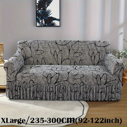 Sofa Cover Gray Printed Skirt Slipcover with Elastic Stretch Fit for 1, 2, 3 or 4-Seater Sofas
