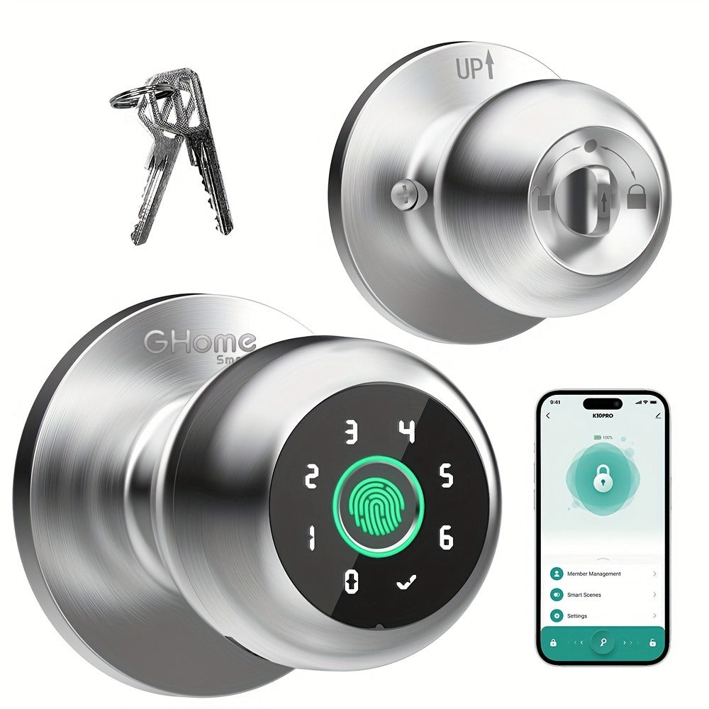 GHome Smart Lock Knob with Fingerprint & Keypad - USB-C Rechargeable, App-Controlled Keyless Entry, Auto-Lock, Passage & Privacy Mode, K10 / K10 PRO / K20 / KD03 PRO, for Home Bedroom Office