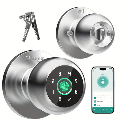 GHome Smart Lock Knob with Fingerprint & Keypad - USB-C Rechargeable, App-Controlled Keyless Entry, Auto-Lock, Passage & Privacy Mode, K10 / K10 PRO / K20 / KD03 PRO, for Home Bedroom Office