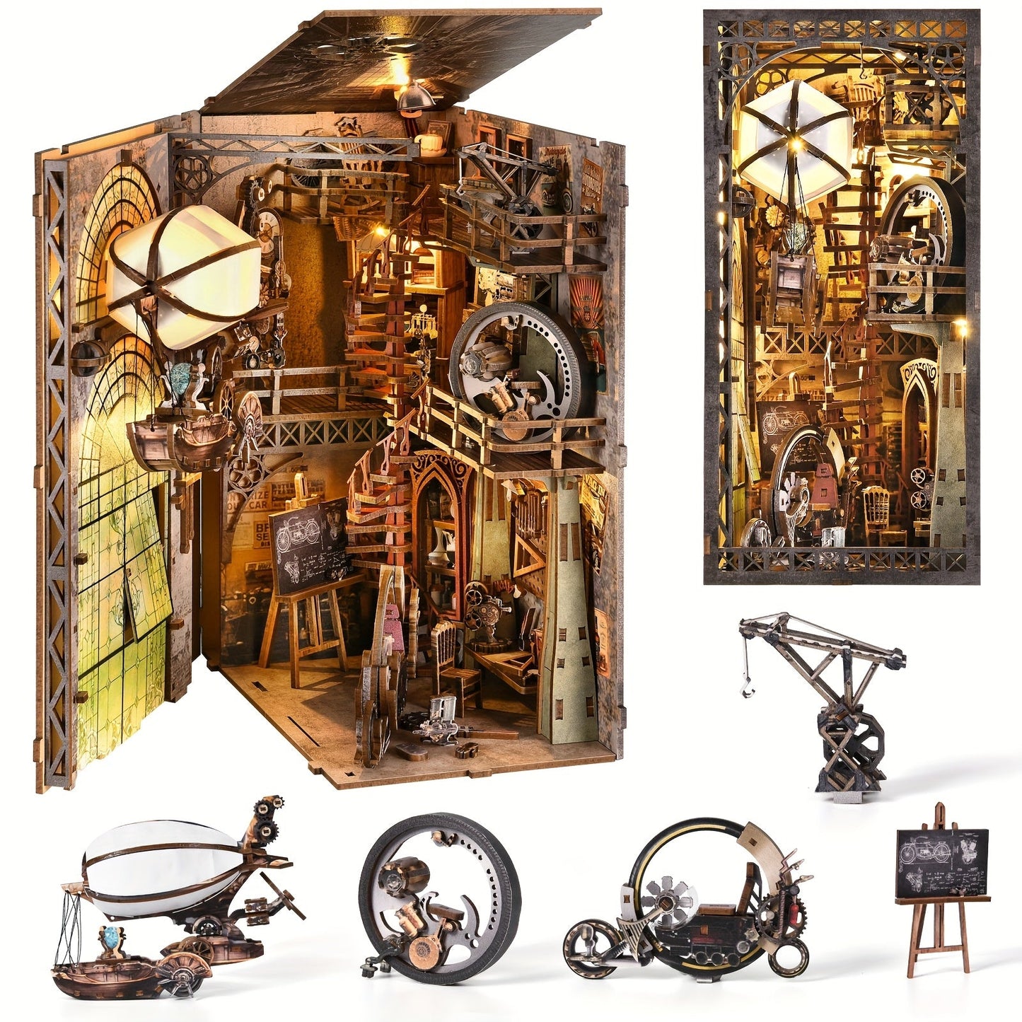 Corner Alley Wooden Book Nook Kit with 9-Inch Steampunk Street Scene, Sensor Light and YM05-Pete Option