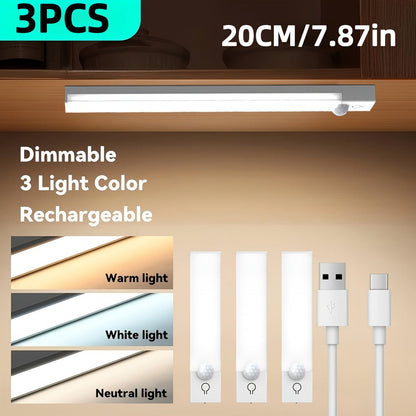 Three-Pack Motion Sensor Cabinet Lights with USB-C Charging, Three Light Colors and 7.87- or 11.81-Inch Options