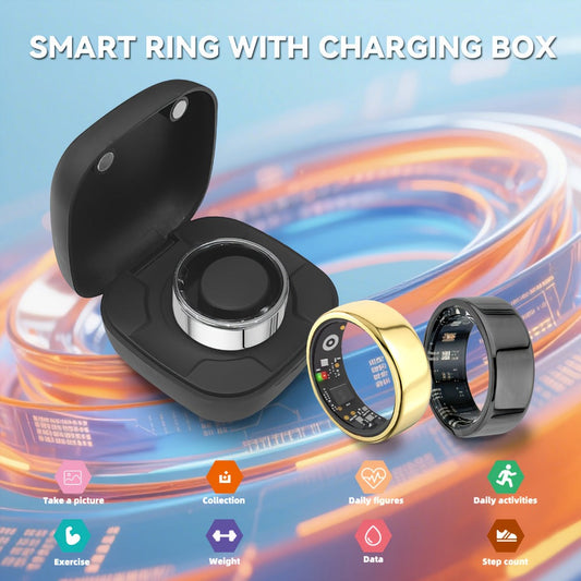 Smart Ring with Health Tracking & Charging Case – Step Count Calorie & Sleep Monitor | Long Battery | iOS & Android | Sizes #7–13 | Black Silver Gold | Minimalist Fitness Wearable Gift