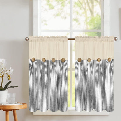 Striped Patchwork Window Curtain Set with Rod-Pocket Top, Six Colors and Five Panel-Count or Size Options
