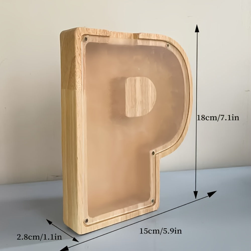 Wooden Alphabet Letter Coin Bank with Clear Front Panel, Top Slot and Eight Initial Options for Home Decor