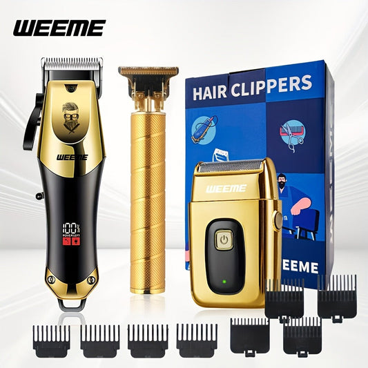 Hair Clipper Set for Men USB Rechargeable - LCD Display Cordless Trimmer, Guide Combs & Cleaning Brushes, Professional Home Haircut Kit, Gift for Men, Golden Blue Silver