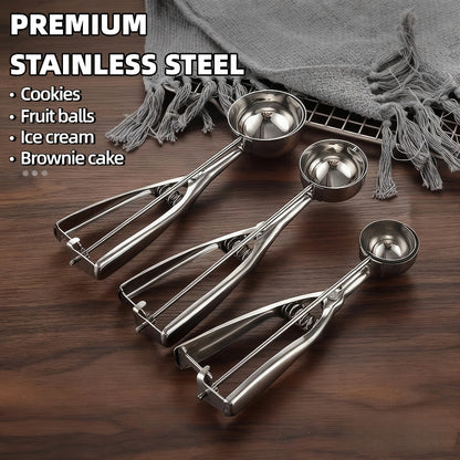 Three-Piece Trigger Scoop Set with Small, Medium and Large Bowls for Ice Cream, Cookie Dough and Fruit