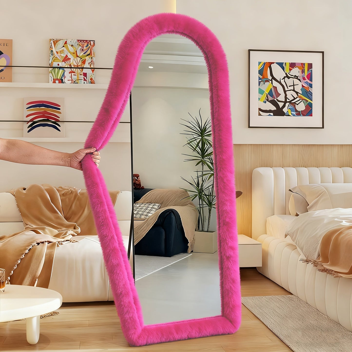 Full Length Floor Mirror Cover Fluffy Stretchable 64"x21" - Soft Non-Slip Irregular Shape Bedroom Dressing Room Mirror Sleeve 6 Colors