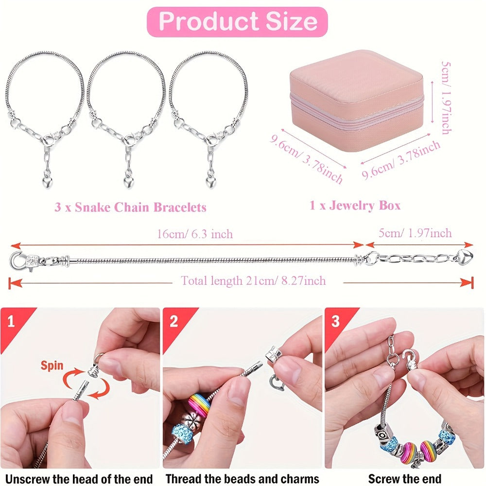 Bracelet Making Craft Kit with Portable Jewelry Box, Beads and Charms in Seven Color or Theme Options