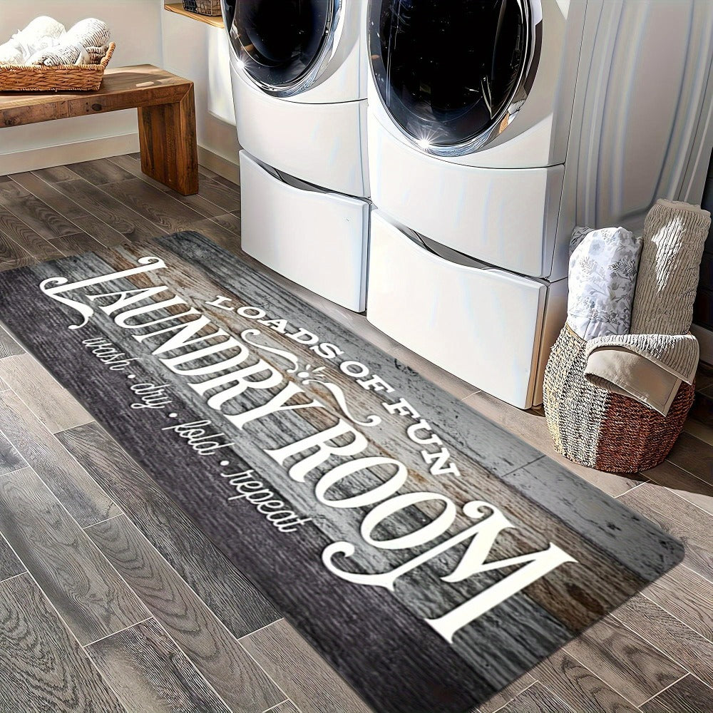 Rustic Laundry Room Runner Mat with Wood-Grain Print and Rubber Backing in Two Long Size Options