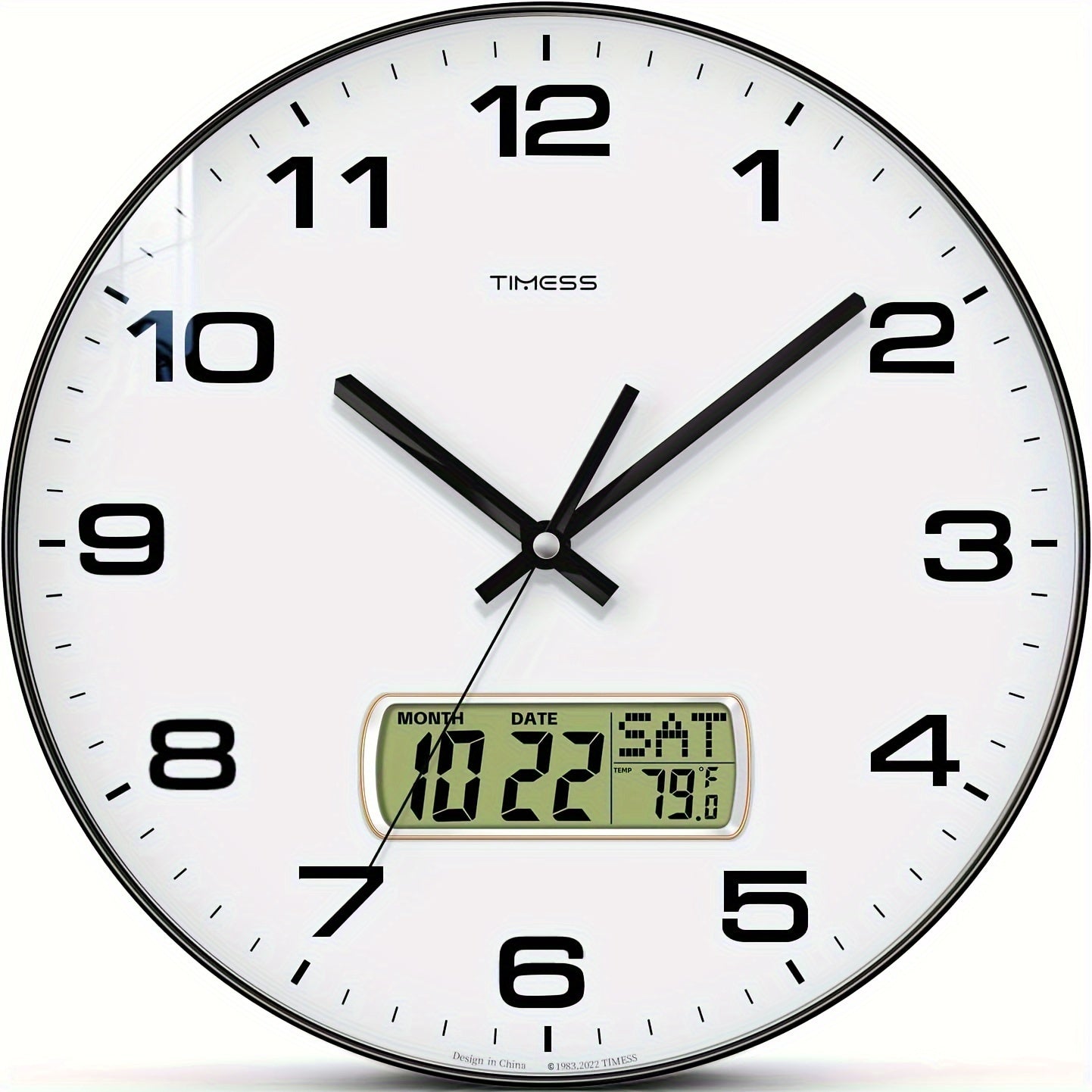 Round Analog Wall Clock with LCD Calendar and Temperature Window, Four Colors and 10- or 12-Inch Sizes