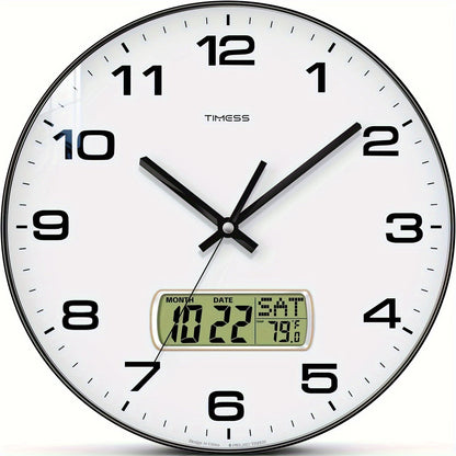 Round Analog Wall Clock with LCD Calendar and Temperature Window, Four Colors and 10- or 12-Inch Sizes