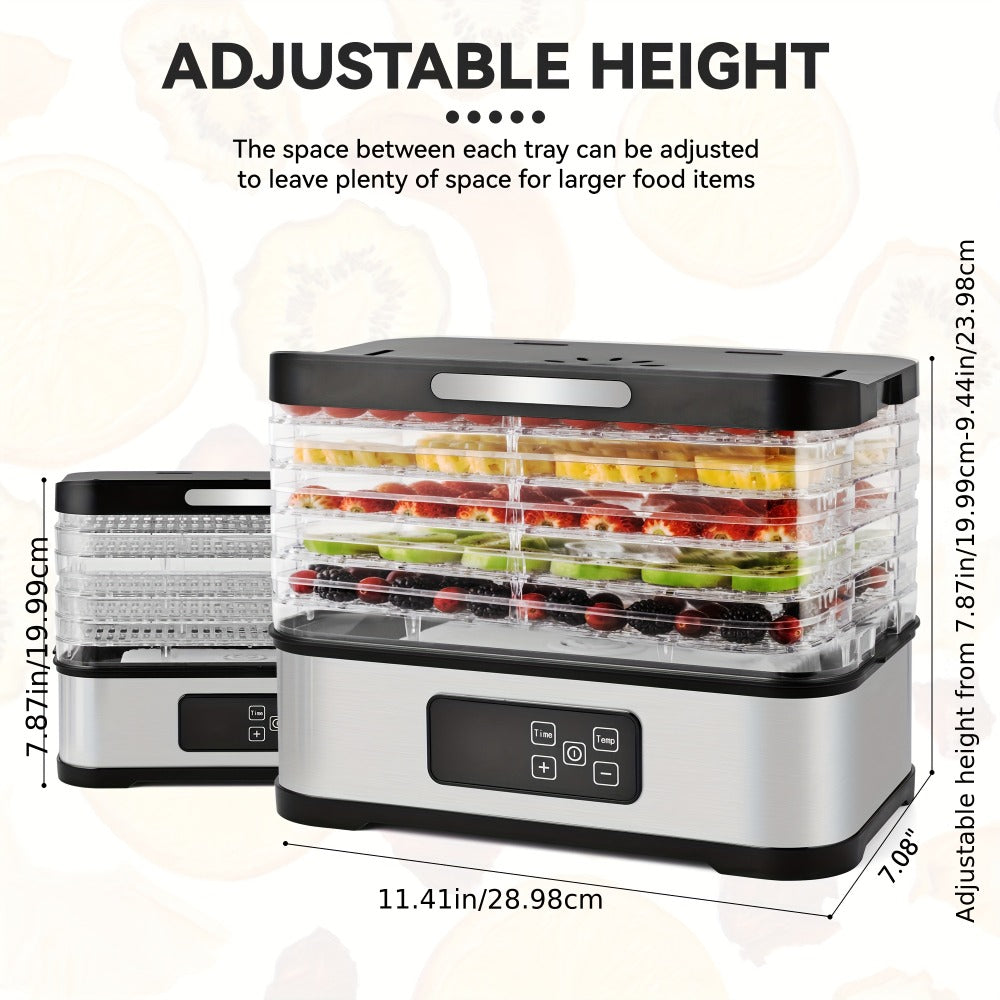 Five-Tray Stackable Food Dehydrator with 240W Heating, 95–158°F Control and Silver or Green Options