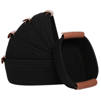 Cotton Rope Storage Baskets Set of 5 with Leather Handles in Four Color Options for Home Organization