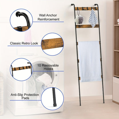 Blanket Ladder Rack 5 Tier with 10 Detachable Hooks - Freestanding Farmhouse Metal Towel Quilt Throw Storage Stand No Drilling Non-Slip Pads | Brown Black | Living Room Bathroom Bedroom Home Decor Organization