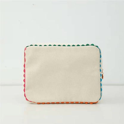 Beige Rectangular Cosmetic Bag with Colorful Edge Trim, Top Zipper and Protected Beige Bag Checkout Label