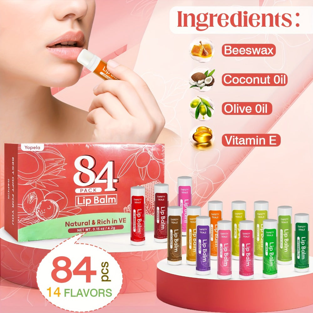 Bulk Lip Balm Set 84 Pcs 14 Assorted Flavors Moisturizing Mini Lipstick Natural Luster Finish – Party Favors for Wedding Bridesmaids Graduation Baby Shower Birthday Events Gift