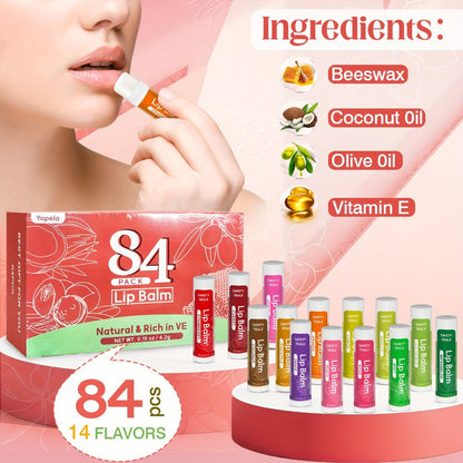 Bulk Lip Balm Set 84 Pcs 14 Assorted Flavors Moisturizing Mini Lipstick Natural Luster Finish – Party Favors for Wedding Bridesmaids Graduation Baby Shower Birthday Events Gift
