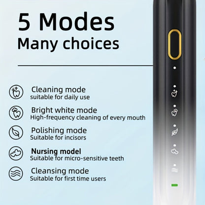 Sonic Electric Toothbrush IPX8 Waterproof USB Rechargeable with 5 Replacement Brush Heads, Smart Timer, Metal Shaft, Couple Design for Adults Men & Women — Black, Green Pink, Pink White