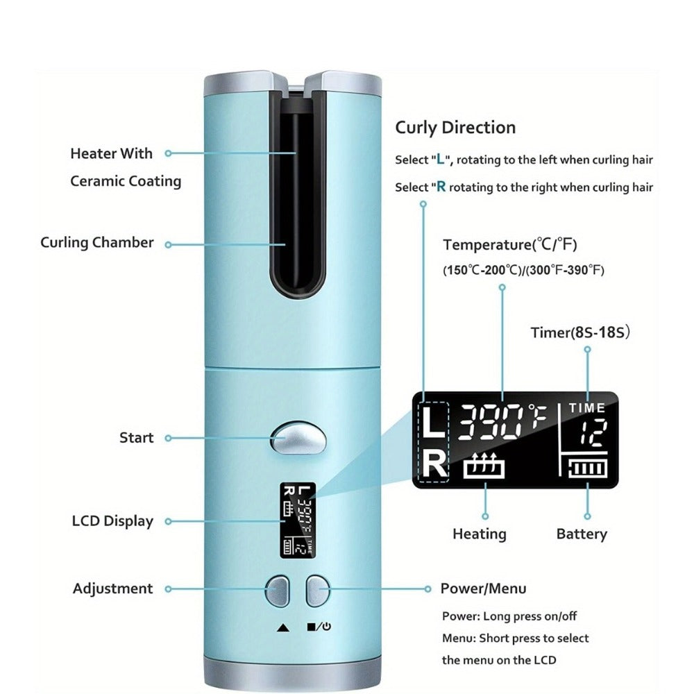 Cordless Automatic Hair Curler USB Rechargeable Rotating Curling Iron 6 Heat Settings LCD Display Auto Shut-Off Fast Heat-Up Storage Bag 4 Hair Clips Comb All Hair Types Women Blue Pink Gray Gradient