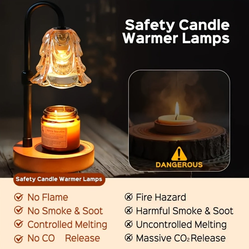 Two-Pack Gold Candle Warmer Lamps with Fluted Glass Shades, Wood-Look Bases and Adjustable 10.6–35 cm Posts