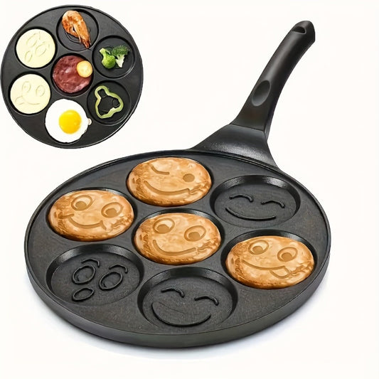 7-Hole Non-Stick Pancake Pan Smiley Face – Aluminum Alloy Breakfast Maker with Detachable Handle for Gas Stove | Oven & Dishwasher Safe Crepe Waffle Egg Mold Cooking Pan Even Heat Distribution Black