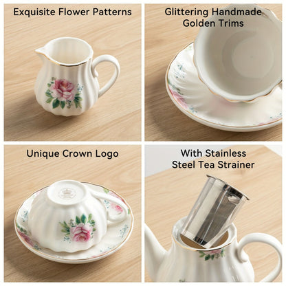 Floral Porcelain-Style Tea Service Set for Six in Five Coral, Peach, Rose, Peony or Spring Designs