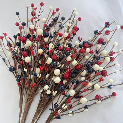 Artificial Berry Branches Red White Blue Patriotic Decor – 5pcs Fake Plastic Stems for Home Tabletop Vase Floral Arrangement Fourth of July