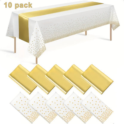 White and Gold Party Tablecloth and Runner Set, 10 Pieces with Five Covers and Five 12 x 108 Inch Runners