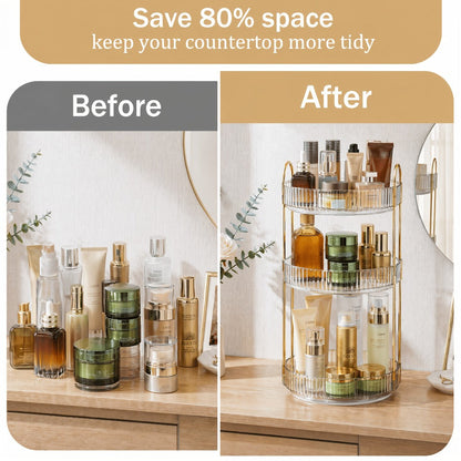 360° Swivel Makeup Organizer 3-Tier Rotating Countertop Storage Rack – Large Capacity Bathroom Dresser Vanity Organizer for Perfume, Skincare & Cosmetics, Green Amber Clear