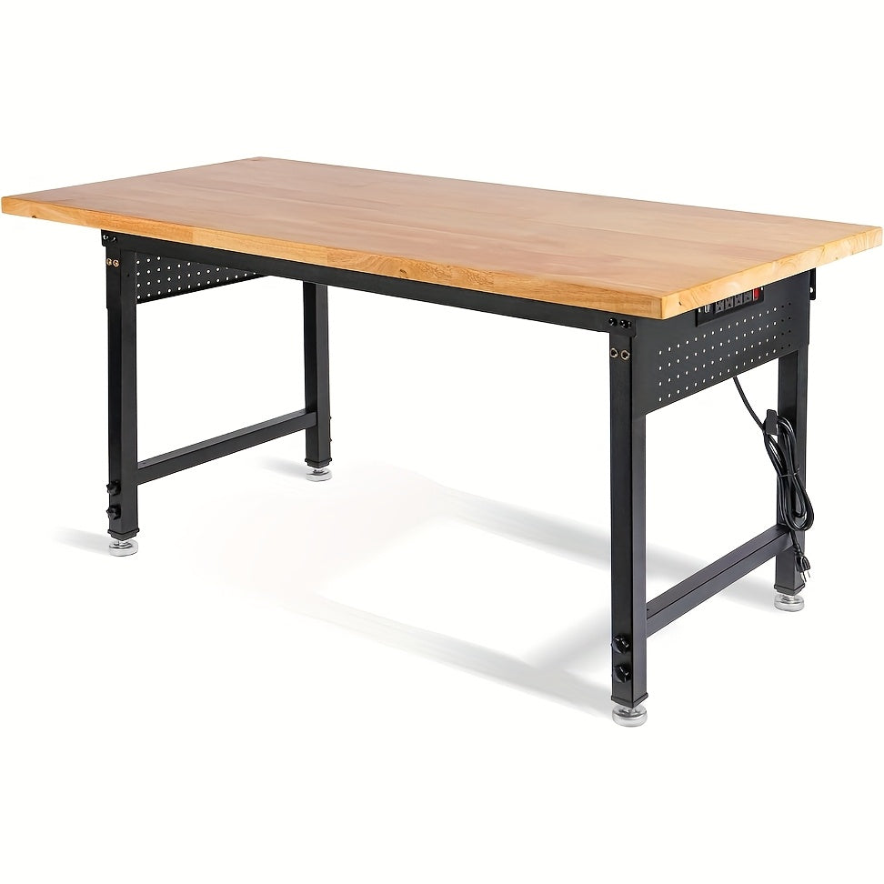Adjustable 28–40-Inch Wood-Top Workbench in 60- or 96-Inch Widths with Pegboard, Wheels and Power Strip