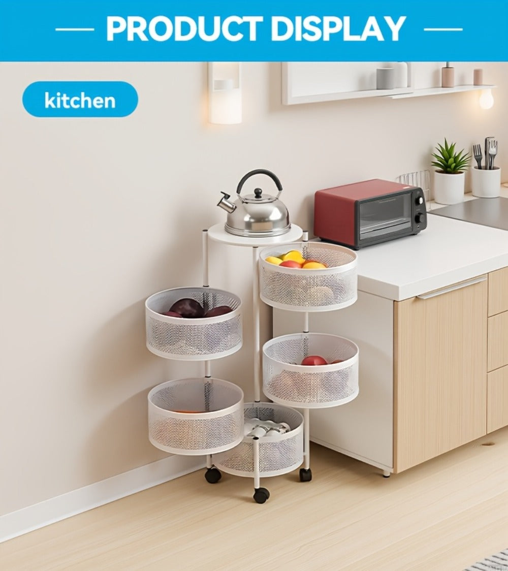 Round-Basket Rolling Storage Rack with Four or Five Mesh Levels, Caster Base and Black or White Finish