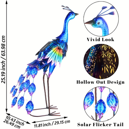Solar Peacock Garden Statue with Blue Metal-Look Body, Hollow Feather Panels and Flickering Tail LEDs