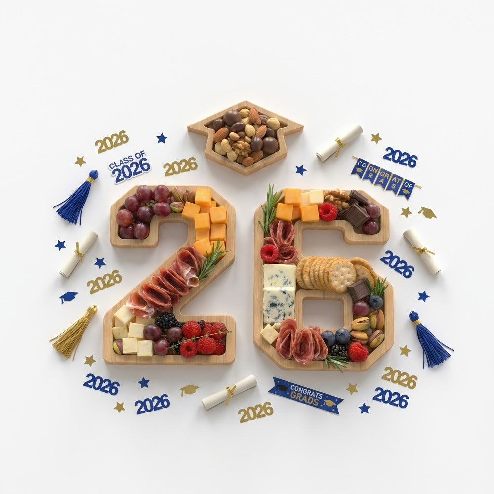 Party Decorations Class of 2026 Fillable Number 26 Serving Trays with Graduation Cap Accent